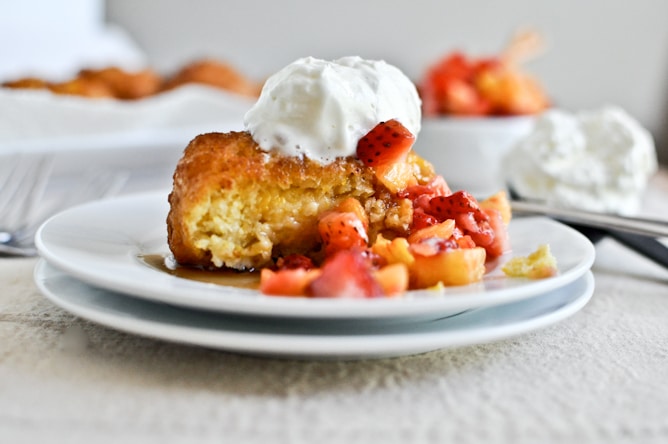 Sweet Corn Fritters with Jalapeño Whipped Cream and Fruit Salsa I howsweeteats.com Sweet Corn Fritters with Jalapeño Whipped Cream and Fruit Salsa I howsweeteats.com