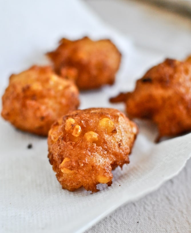 Sweet Corn Fritters with Jalapeño Whipped Cream and Fruit Salsa I howsweeteats.com Sweet Corn Fritters with Jalapeño Whipped Cream and Fruit Salsa I howsweeteats.com