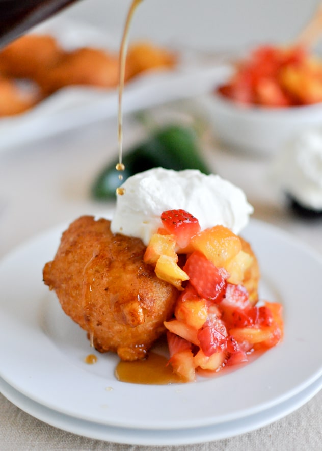Sweet Corn Fritters with Jalapeño Whipped Cream and Fruit Salsa I howsweeteats.com Sweet Corn Fritters with Jalapeño Whipped Cream and Fruit Salsa I howsweeteats.com