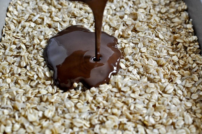 Thin + Chewy Chocolate Drenched Coconut Oatmeal Squares I howsweeteats.com Thin + Chewy Chocolate Drenched Coconut Oatmeal Squares I howsweeteats.com