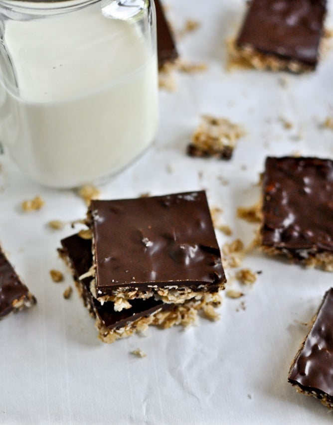 Thin + Chewy Chocolate Drenched Coconut Oatmeal Squares I howsweeteats.com Thin + Chewy Chocolate Drenched Coconut Oatmeal Squares I howsweeteats.com