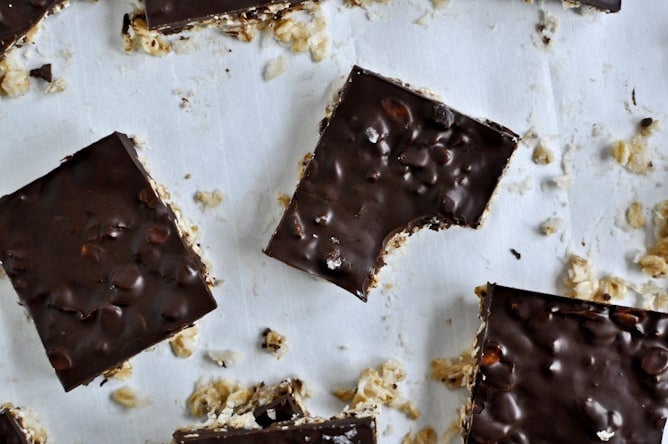 Thin + Chewy Chocolate Drenched Coconut Oatmeal Squares I howsweeteats.com Thin + Chewy Chocolate Drenched Coconut Oatmeal Squares I howsweeteats.com