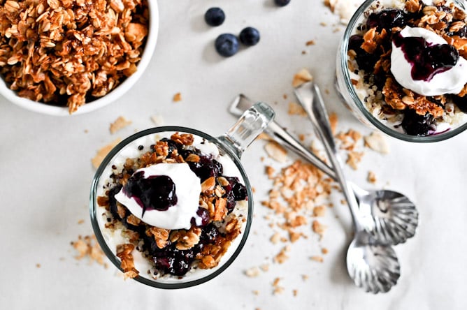 Roasted Blueberry Coconut Quinoa Parfaits with Coconut Granola I howsweeteats.com Roasted Blueberry Coconut Quinoa Parfaits with Coconut Granola I howsweeteats.com