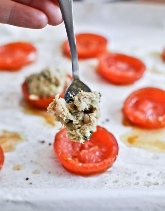 Mini Roasted Tomato Cups with Avocado, White Bean + Tuna Mash I howsweeteats.com Mini Roasted Tomato Cups with Avocado, White Bean + Tuna Mash I howsweeteats.com