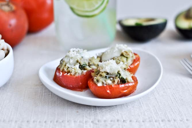 Mini Roasted Tomato Cups with Avocado, White Bean + Tuna Mash I howsweeteats.com Mini Roasted Tomato Cups with Avocado, White Bean + Tuna Mash I howsweeteats.com