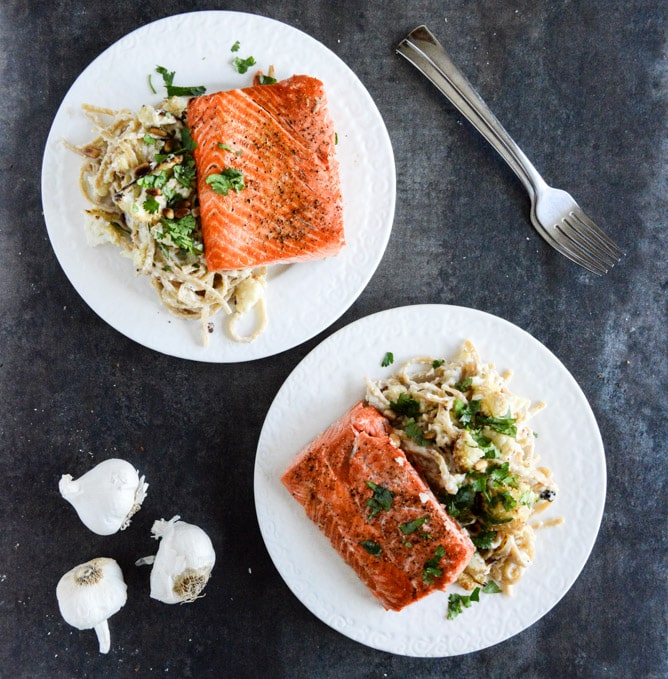 Broiled Salmon and Roasted Garlic Cream Noodles with Crispy Cauliflower + Toasted Pine Nuts I howsweeteats.com Broiled Salmon and Roasted Garlic Cream Noodles with Crispy Cauliflower + Toasted Pine Nuts I howsweeteats.com
