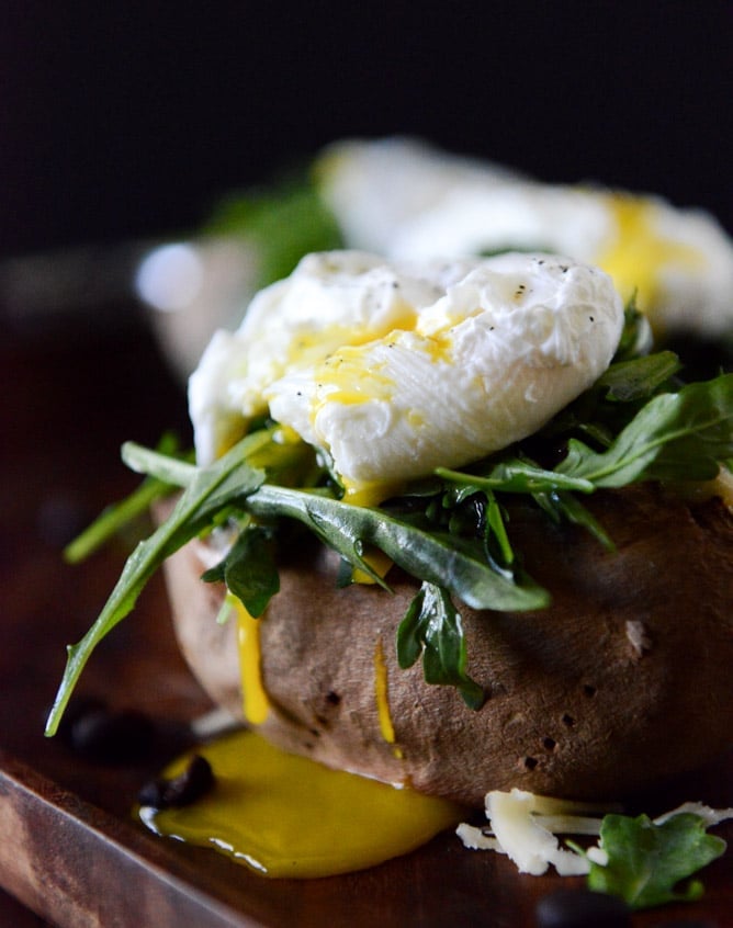 Cheesy Black Bean Stuffed Sweet Potatoes with Arugula + Poached Eggs I howsweeteats.com Cheesy Black Bean Stuffed Sweet Potatoes with Arugula + Poached Eggs I howsweeteats.com