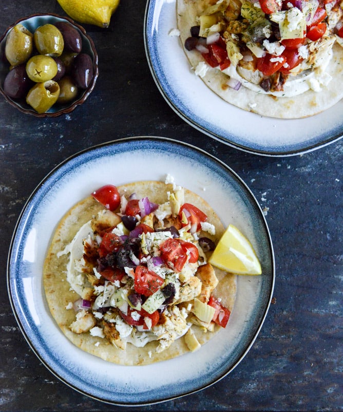 Marinated Greek Chicken Tostadas I howsweeteats.com Marinated Greek Chicken Tostadas I howsweeteats.com