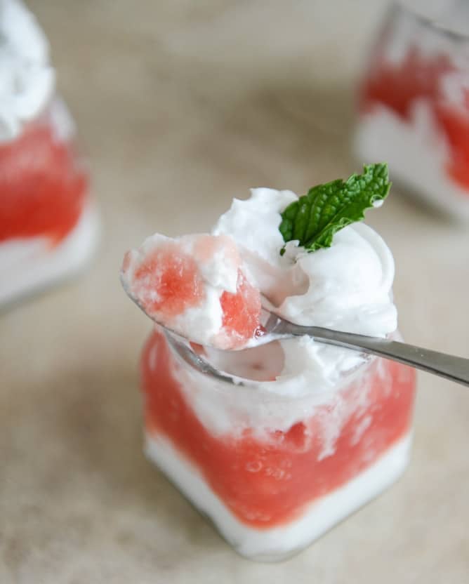 Boozy Watermelon Granitas with Coconut Whipped Cream I howsweeteats.com Boozy Watermelon Granitas with Coconut Whipped Cream I howsweeteats.com