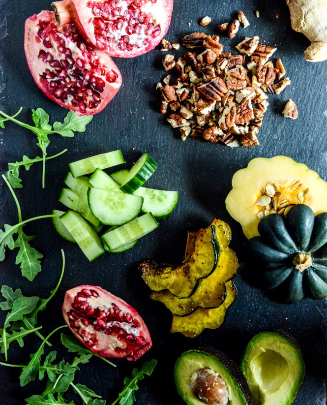 Autumn Arugula Salad with Caramelized Squash, Spiced Pecans and Pomegranate Ginger Vinaigrette I howsweeteats.com Autumn Arugula Salad with Caramelized Squash, Spiced Pecans and Pomegranate Ginger Vinaigrette I howsweeteats.com