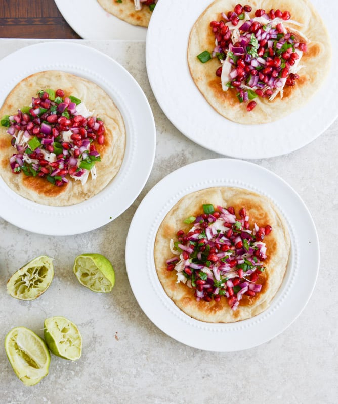 Honey Ginger Chicken Tostadas with Pomegranate Salsa I howsweeteats.com Honey Ginger Chicken Tostadas with Pomegranate Salsa I howsweeteats.com