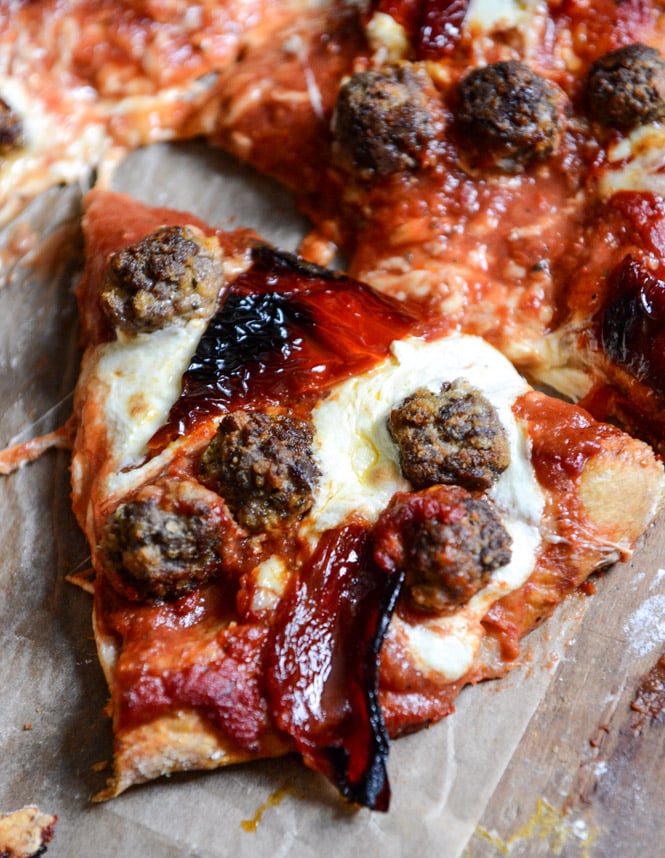 Mini Meatball Pizza with Fresh Mozzarella + Roasted Red Peppers I howsweeteats.com Mini Meatball Pizza with Fresh Mozzarella + Roasted Red Peppers I howsweeteats.com