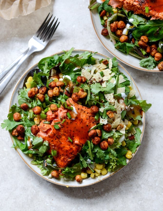 BBQ Salmon and Crispy Chickpea Salads with Greek Yogurt Ranch Drizzle I howsweeteats.com BBQ Salmon and Crispy Chickpea Salads with Greek Yogurt Ranch Drizzle I howsweeteats.com