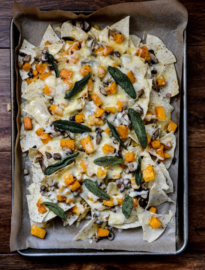 Spiced Butternut Squash, Garlic Butter Mushroom and Fontina Nachos with Crispy Sage I howsweeteats.com Spiced Butternut Squash, Garlic Butter Mushroom and Fontina Nachos with Crispy Sage I howsweeteats.com