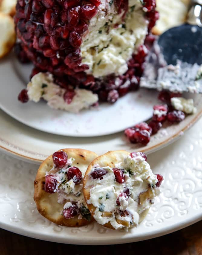 Pomegranate Jeweled White Cheddar, Toasted Almond and Crispy Sage Cheeseball I howsweeteats.com Pomegranate Jeweled White Cheddar, Toasted Almond and Crispy Sage Cheeseball I howsweeteats.com