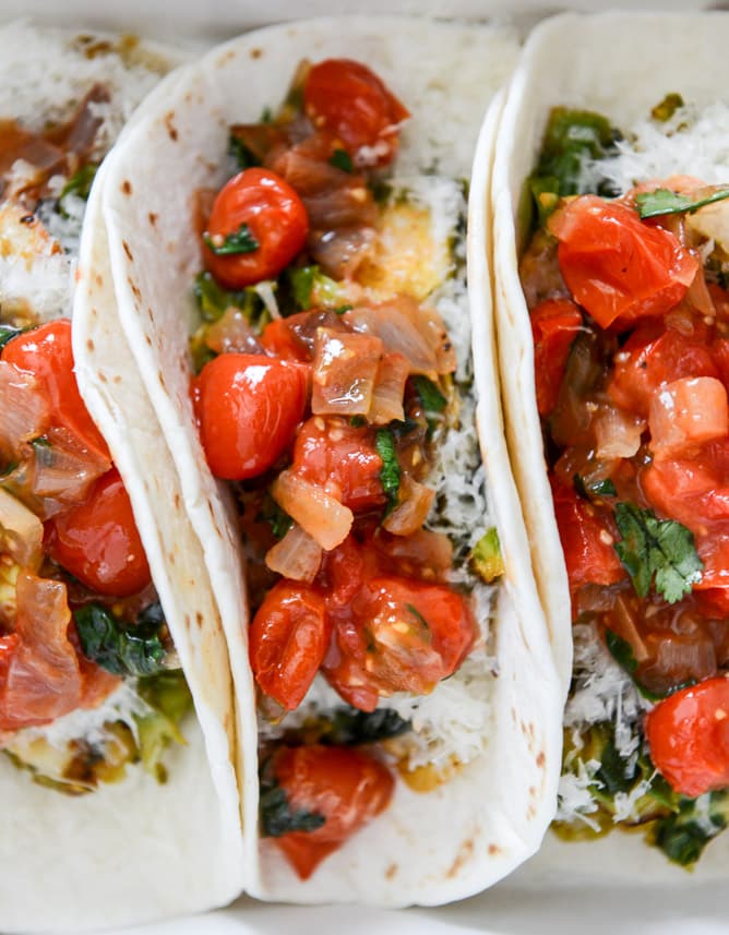 Crispy Brussels Sprouts Tacos with Manchego and Caramelized Shallot Salsa I howsweeteats.com Crispy Brussels Sprouts Tacos with Manchego and Caramelized Shallot Salsa I howsweeteats.com