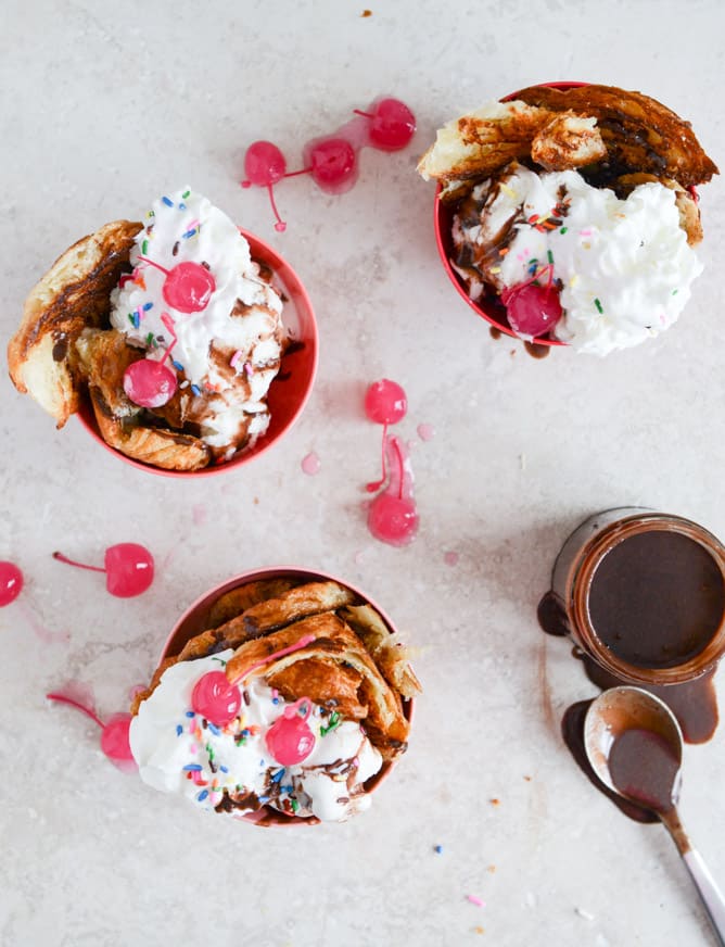 Crispy Croissant Sundaes with Red Wine Hot Fudge I howsweeteats.com Crispy Croissant Sundaes with Red Wine Hot Fudge I howsweeteats.com