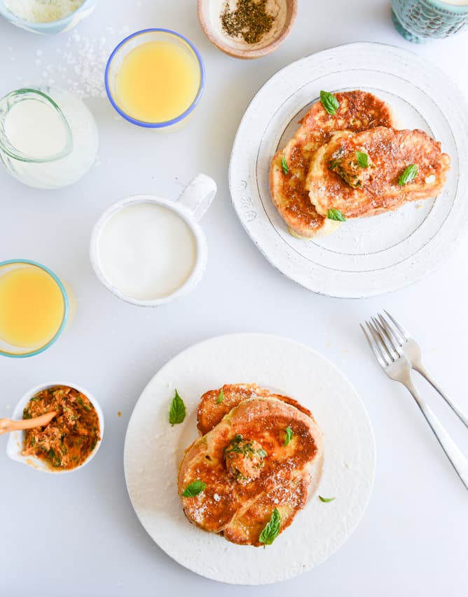 Savory Romano Crusted French Toast with Cherry Tomato Basil Butter I howsweeteats.com