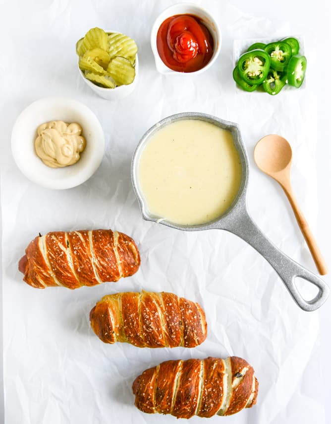 Jalapeño Pretzel Dogs with Cheddar Beer Sauce I howsweeteats.com