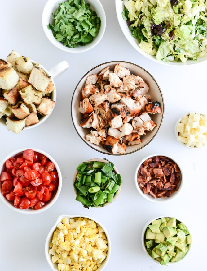 BBQ chicken chopped salad with grilled garlic croutons and honey mustard vinaigrette I howsweeteats.com