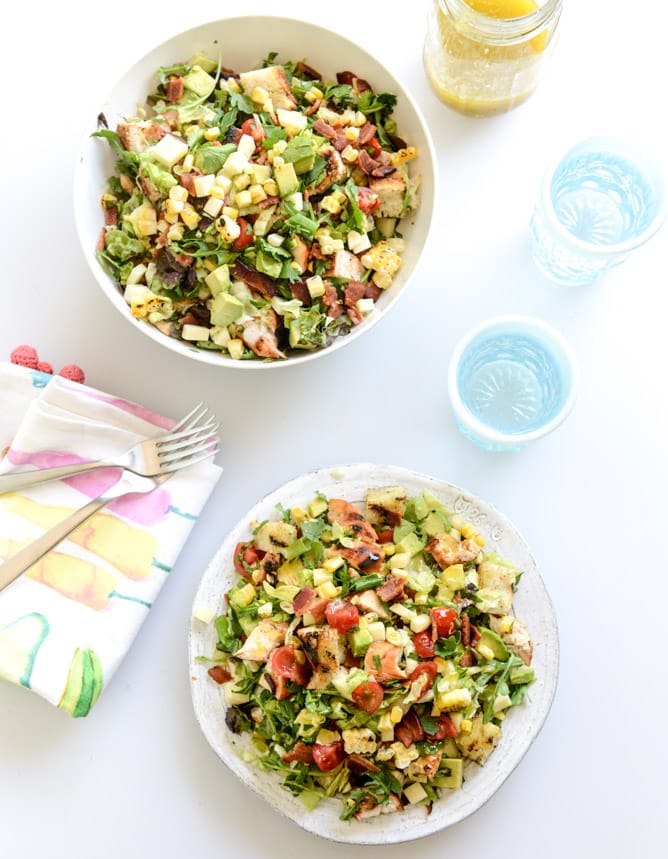 BBQ chicken chopped salad with grilled garlic croutons and honey mustard vinaigrette I howsweeteats.com