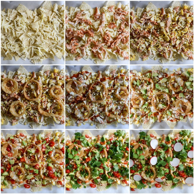summer BBQ chicken nachos with buttermilk onion rings and white cheddar queso I howsweeteats.com