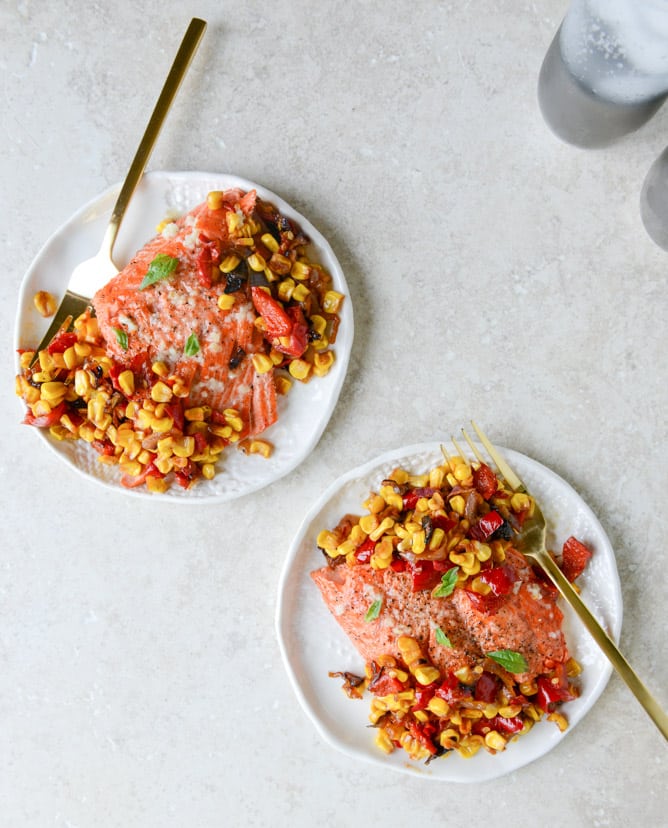garlic butter salmon with caramelized shallot corn relish I howsweeteats.com
