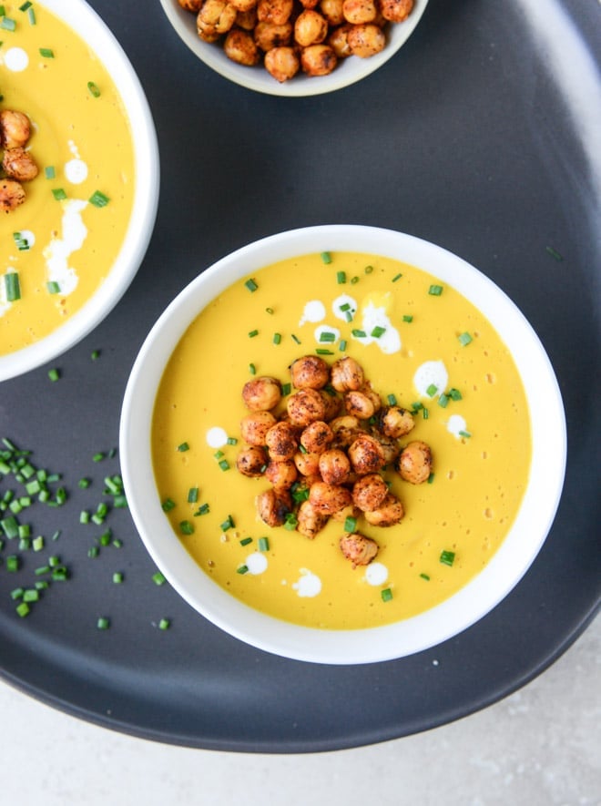smoked gruyere butternut soup with spicy chickpeas I howsweeteats.com