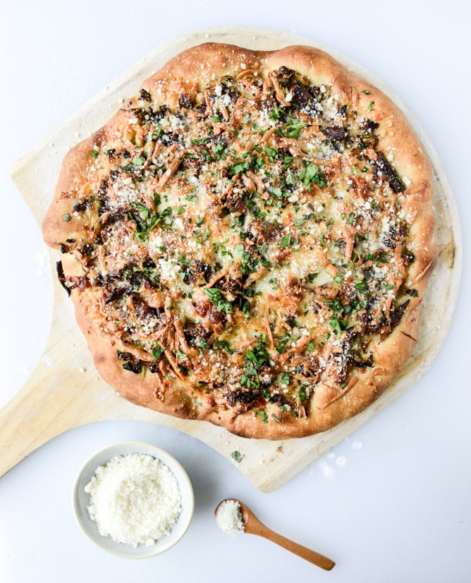 crispy shredded sprouts, short rib and caramelized shallot pizza I howsweeteats.com