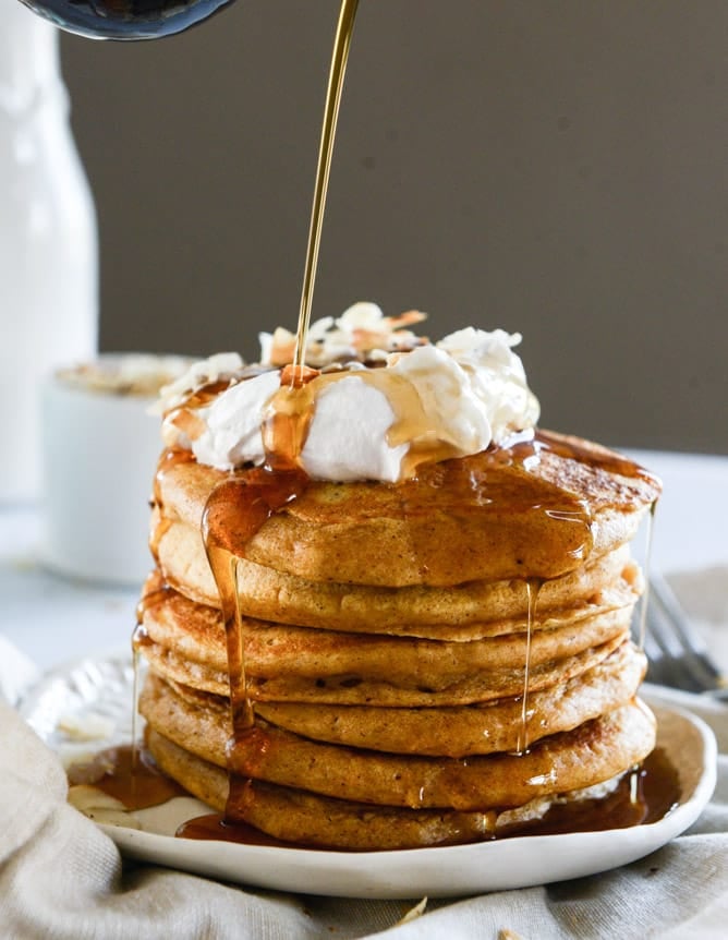 buttermilk sweet potato pancakes with coconut whipped cream I howsweeteats.com