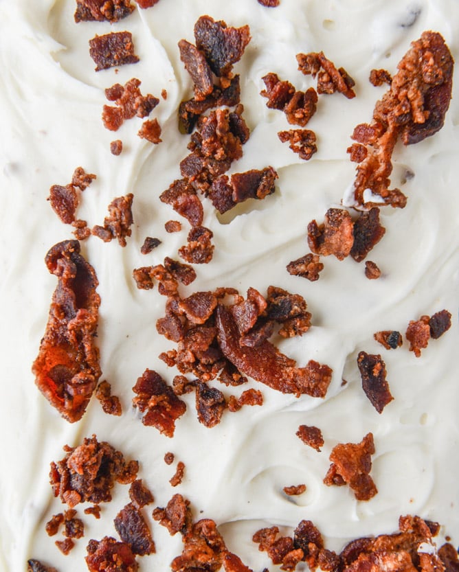 chocolate pound cake with bacon bourbon frosting I howsweeteats.com