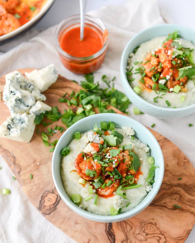 crispy buffalo wing shrimp with blue cheese grits I howsweeteats.com