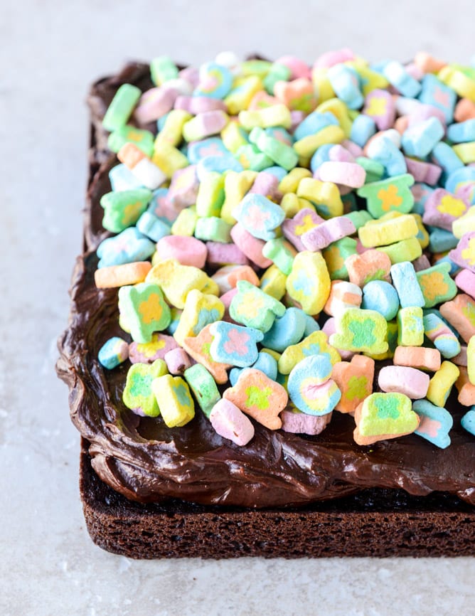 one bowl fudgy whiskey chocolate cake - with irish cream chocolate ganache (and lucky charms marshmallows...) I howsweeteats.com