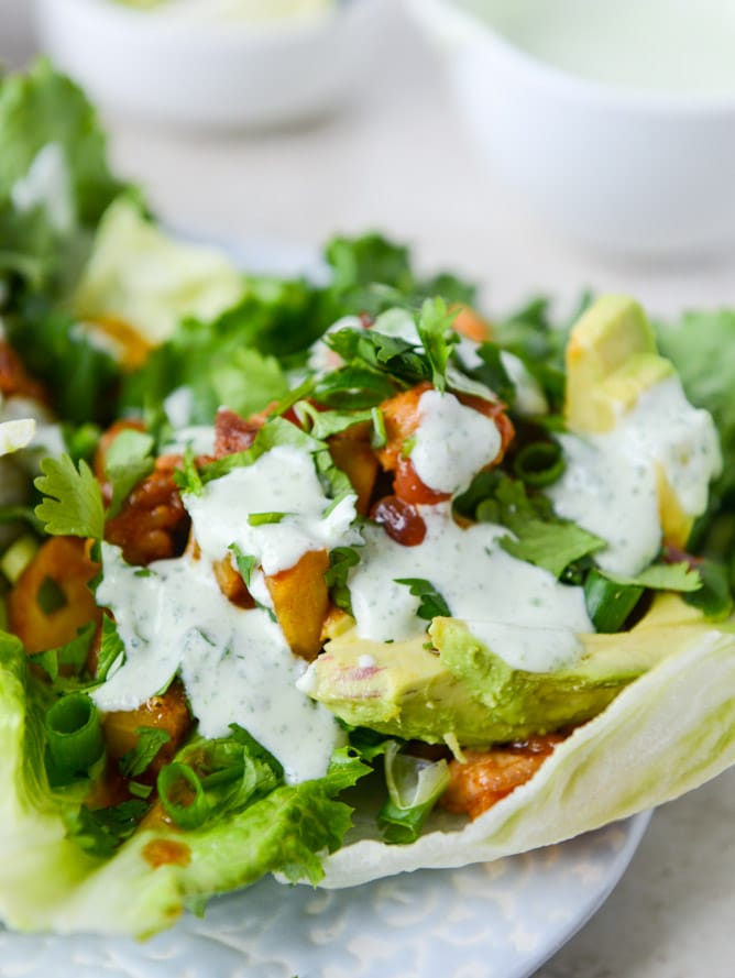 bbq chicken and pineapple lettuce wraps with cilantro yogurt sauce I howsweeteats.com