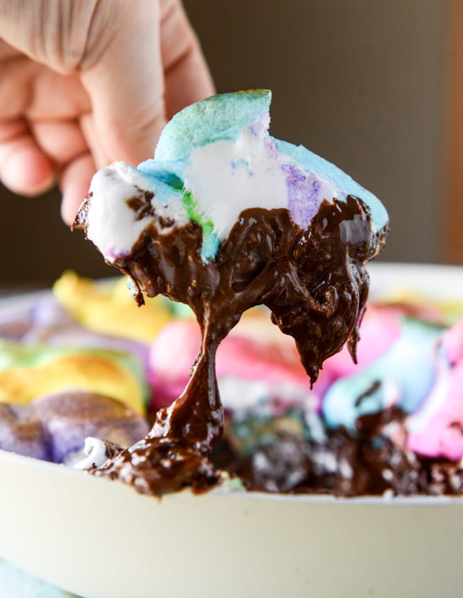Peeps skillet s'mores! Indoor chocolate peanut butter s'mores using Peeps marshmallows make for the cutest spring treat! Best for using up those Peeps! I howsweeteats.com #peeps #smores