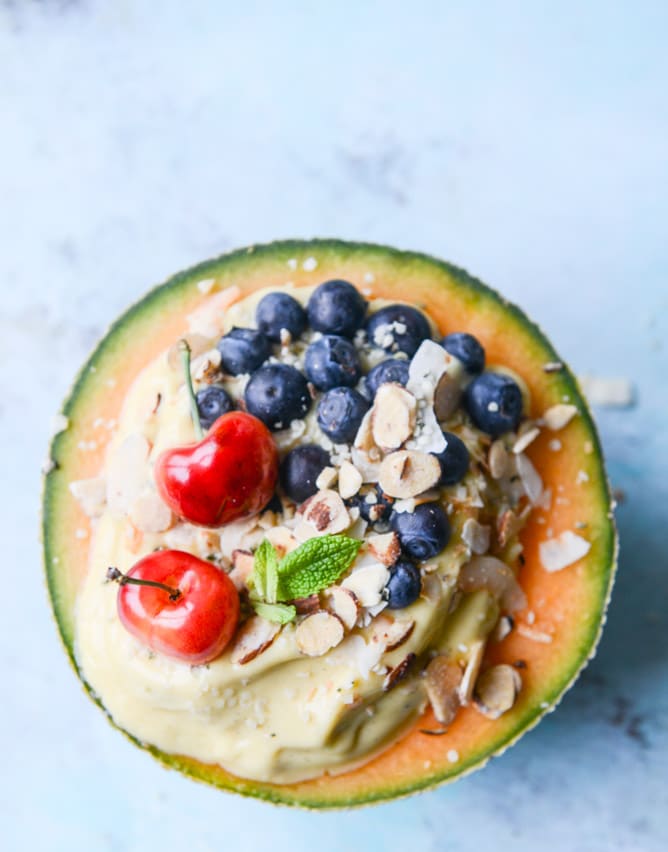 tropical banana rum and mango melon breakfast bowls I howsweeteats.com