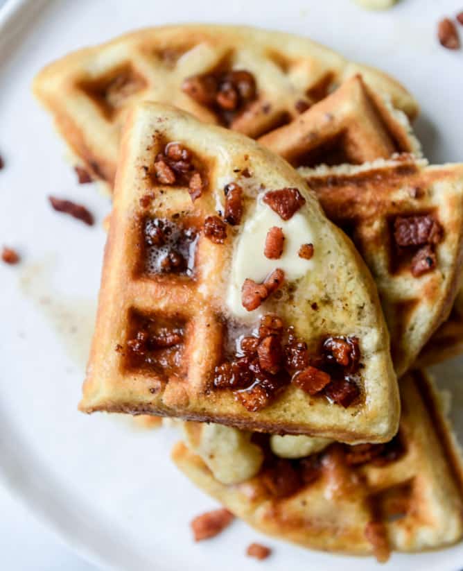 crispy bacon waffles with bourbon butter + blueberry syrup I howsweeteats.com
