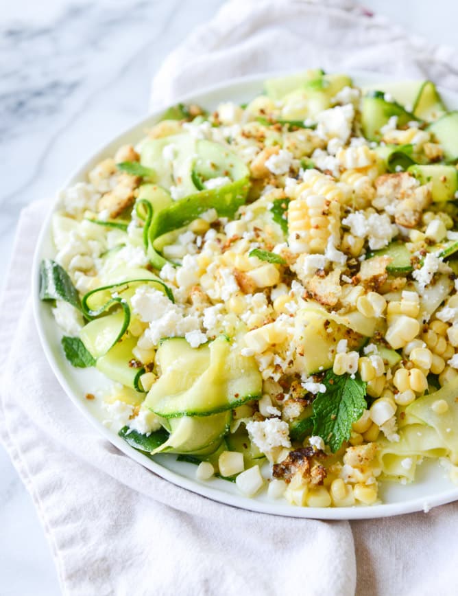 marinated zucchini feta salad with fresh corn and toasted pistachio breadcrumbs I howsweeteats.com