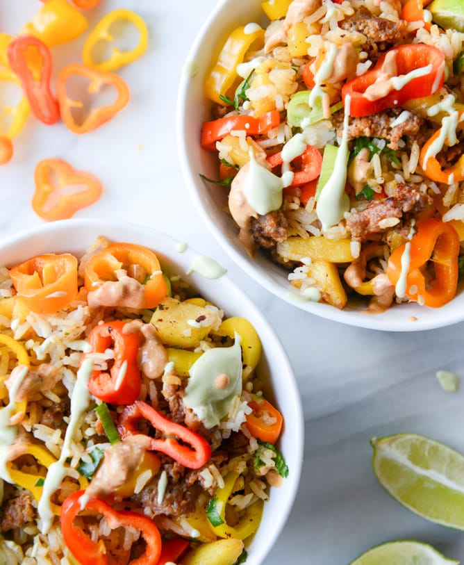 pineapple chorizo rice bowls I howsweeteats.com