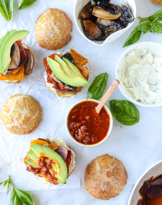 grilled veggie sliders on homemade pretzel buns I howsweeteats.com