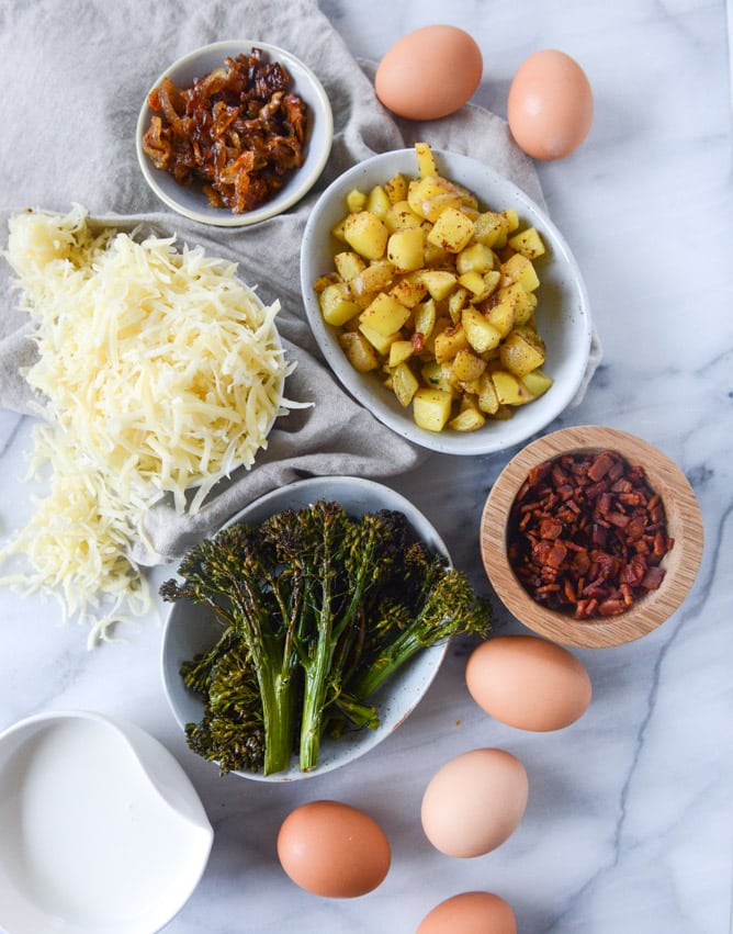 roasted broccolini, bacon and caramelized shallot quiche I howsweeteats.com