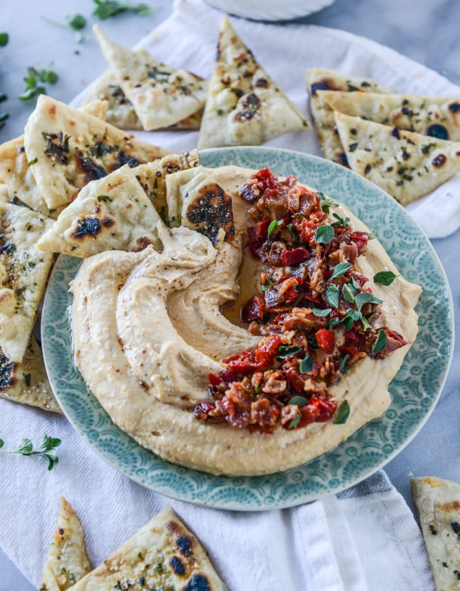 hot bacon cherry pepper hummus with pizza pita chips I howsweeteats.com