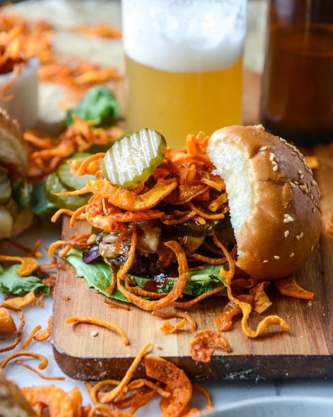 BBQ havarti burgers with sweet potato curly fries I howsweeteats.com