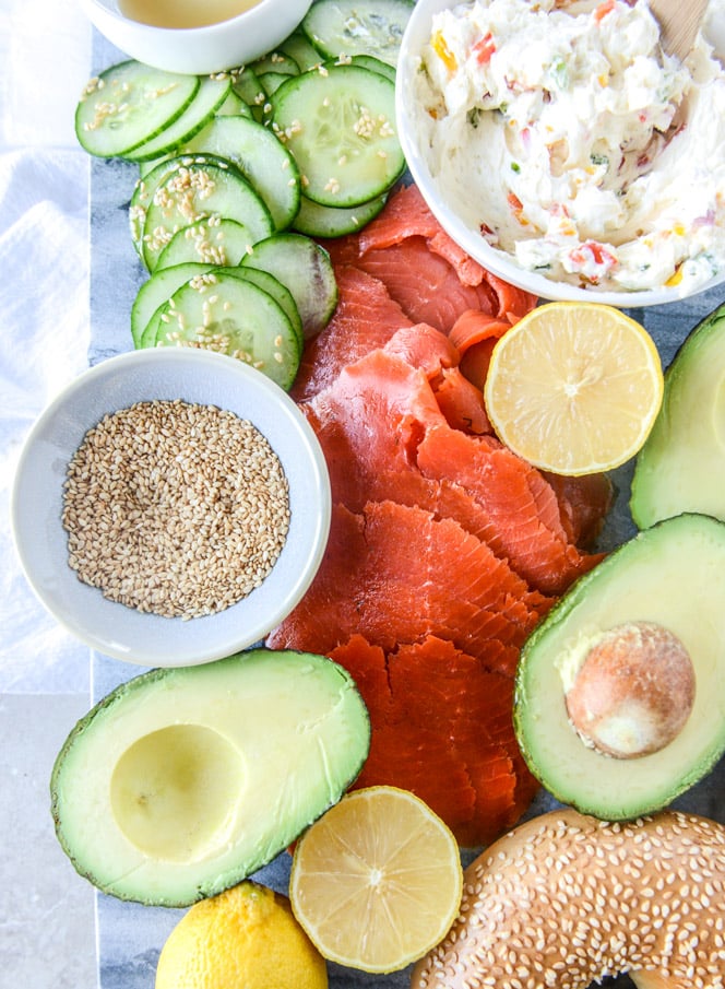 homemade roasted veggie cream cheese and a perfect lox bagel I howsweeteats.com