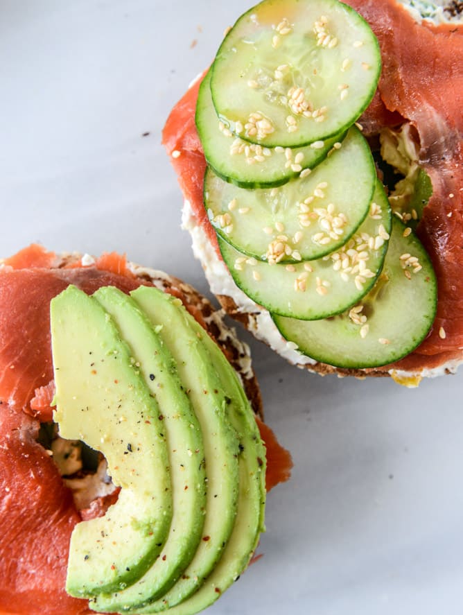homemade roasted veggie cream cheese and a perfect lox bagel I howsweeteats.com