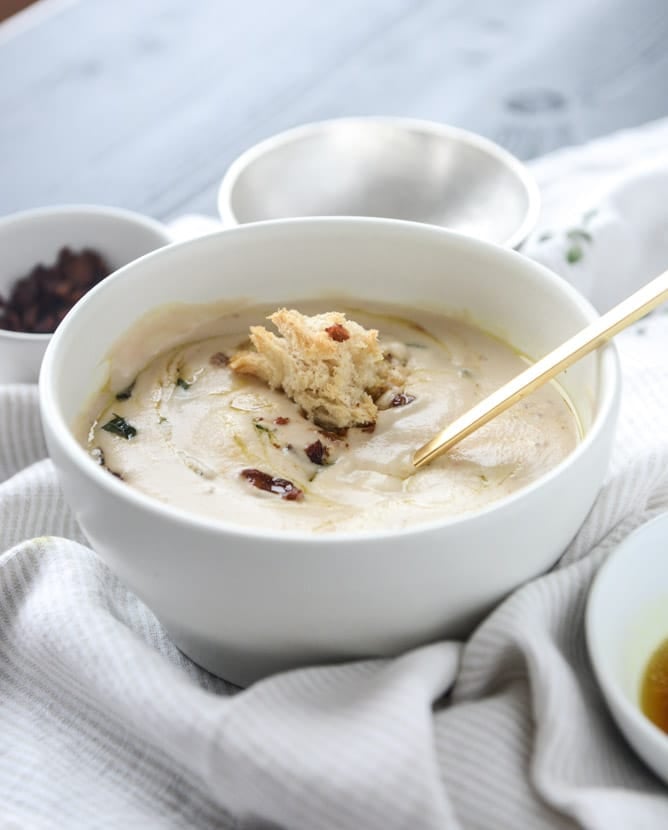 white bean soup with crumbled bacon and spiced brown butter I howsweeteats.com