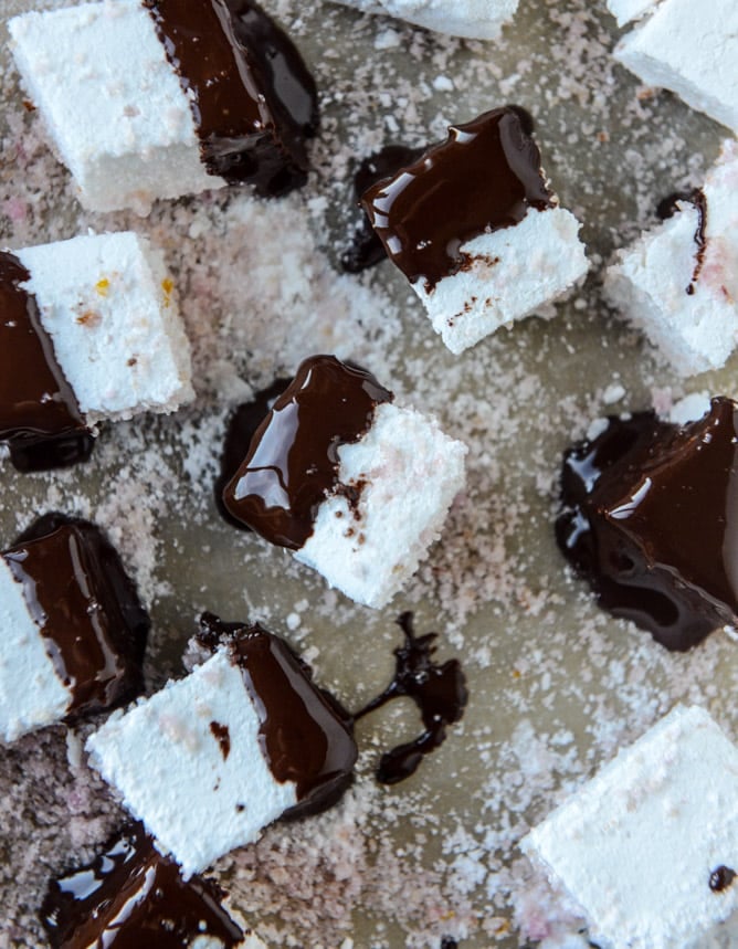 chocolate dipped champagne marshmallows with blood orange sugar I howsweeteats.com