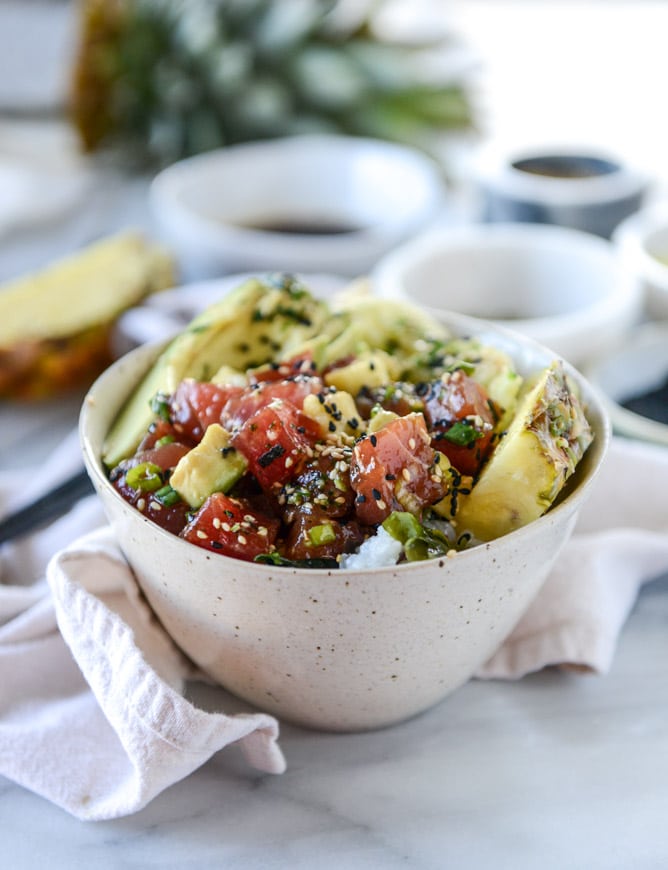 ahi poke bowl with avocado and pineapple I howsweeteats.com