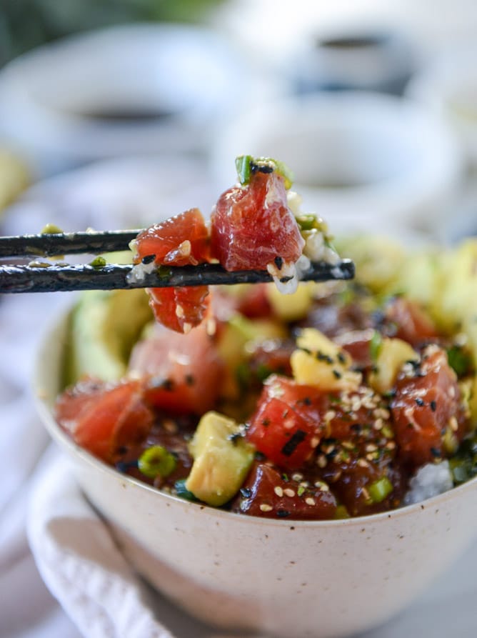 ahi poke bowl with avocado and pineapple I howsweeteats.com