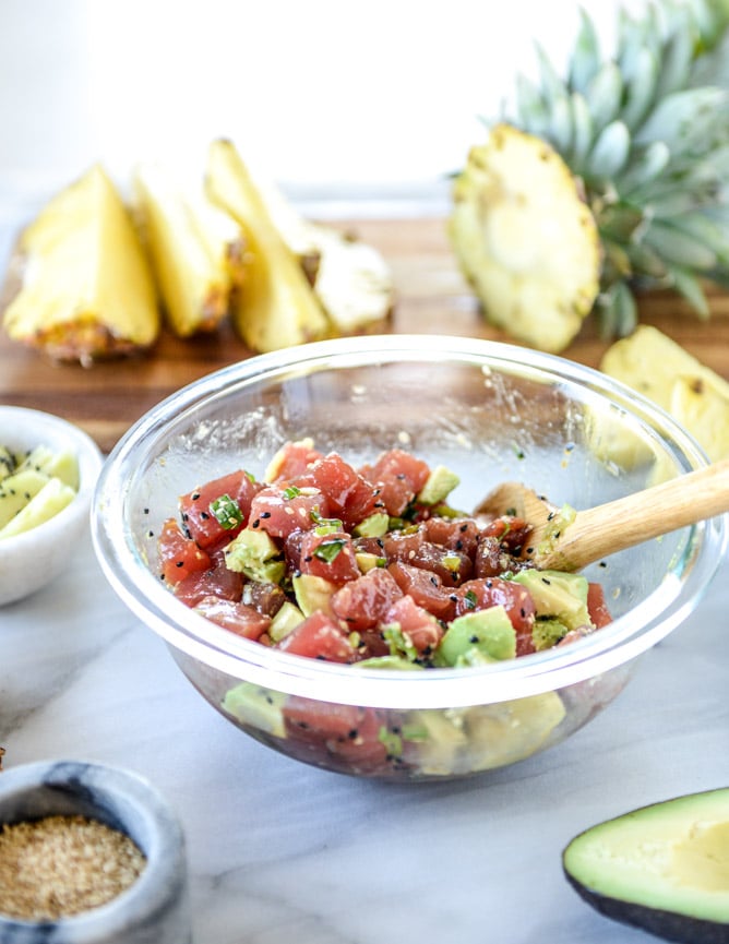 ahi poke bowl with avocado and pineapple I howsweeteats.com